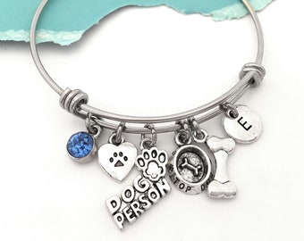 Dog Bangle, Dog Charm Bracelet, Paw Print Bangle, Personalized Initial Bracelet, Dog Jewelry, Dog Lover Jewelry, Dog Gift, Vet Gift for Her