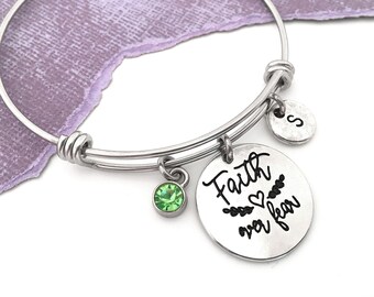 Faith Over Fear Bangle, Faith Over Fear Bracelet, Initial Bangle, Personalized Faith Over Fear Charm Bangle Faith Over Fear Jewelry for Her