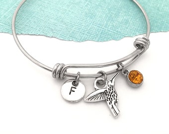 Hummingbird Bangle, Hummingbird Bracelet, Hummingbird Charm Bracelet, Hummingbird Jewelry for Women, Personalized Hummingbird Gifts for Her