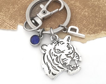 Tiger Keychain, Tiger Key Ring, Tiger Key Chain, Tiger Head Charm, Initial Keyring, Tiger Gifts, Personalized Tiger Lover Gift, Safari Gifts