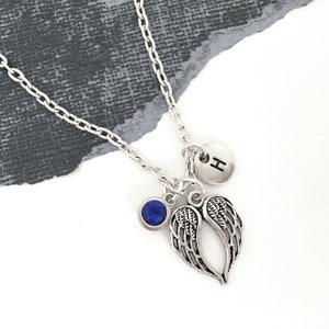Silver Angel Wing Necklace With Initial, Angel Wing Necklace and Birthstone, Angel Wing Jewelry Personalized Guardian Angel Necklace for Mom