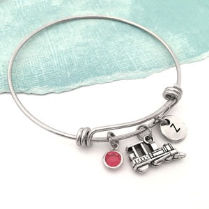 Train Bangle Bracelet, Personalized Train Charm Bracelet Jewelry Steam Engine Initial Bangle, Locomotive Gift, Train Birthday Gift for Women