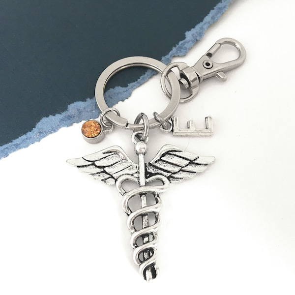 Caduceus Keychain Doctor Gift Nurse Gift, Medical Student Gift Initial Keyring, Nursing School Graduation Gift Med School Gift Charm Keyring