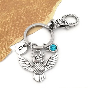 Owl Keychain, Owl Key Chain, Personalized Initial Keychain, Personalized Owl Gifts for Women Ornithologist Gift Birthstone Keychain for Her