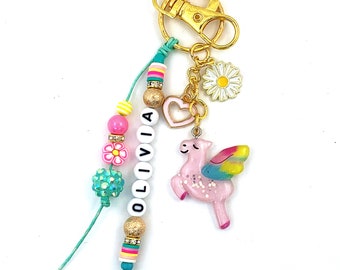 Unicorn Keychain, Unicorn Name Tag, Personalized Name Key Chain, Zipper Pull, Bag Charm, Kawaii Unicorn, Birthday Girl Gift, Party Favors