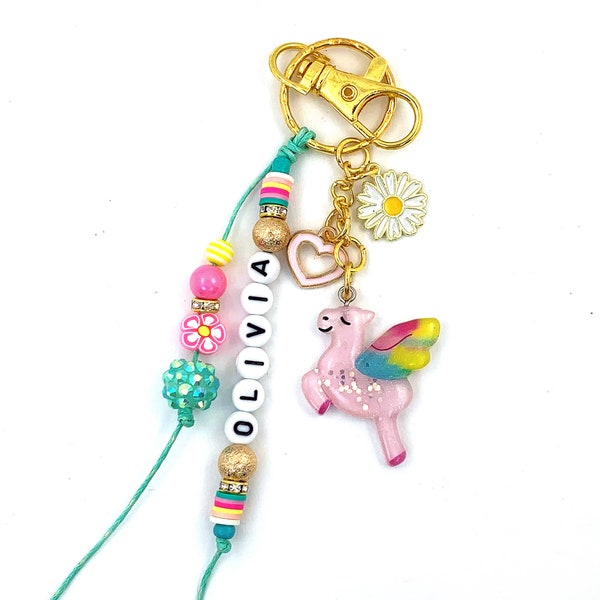 Back to School Unicorn, Beaded Name Keychain for Kids, Personalized Gifts for Girls, Backpack Charms, Bogg Bag Tassel Charm, Kawaii Unicorn