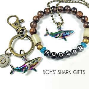 Shark Gift Set for Kids, Personalized Name Bracelet, Shark Keychain, Sea Life Necklace, Great White Shark Jewelry for Boys, Shark Week Gifts