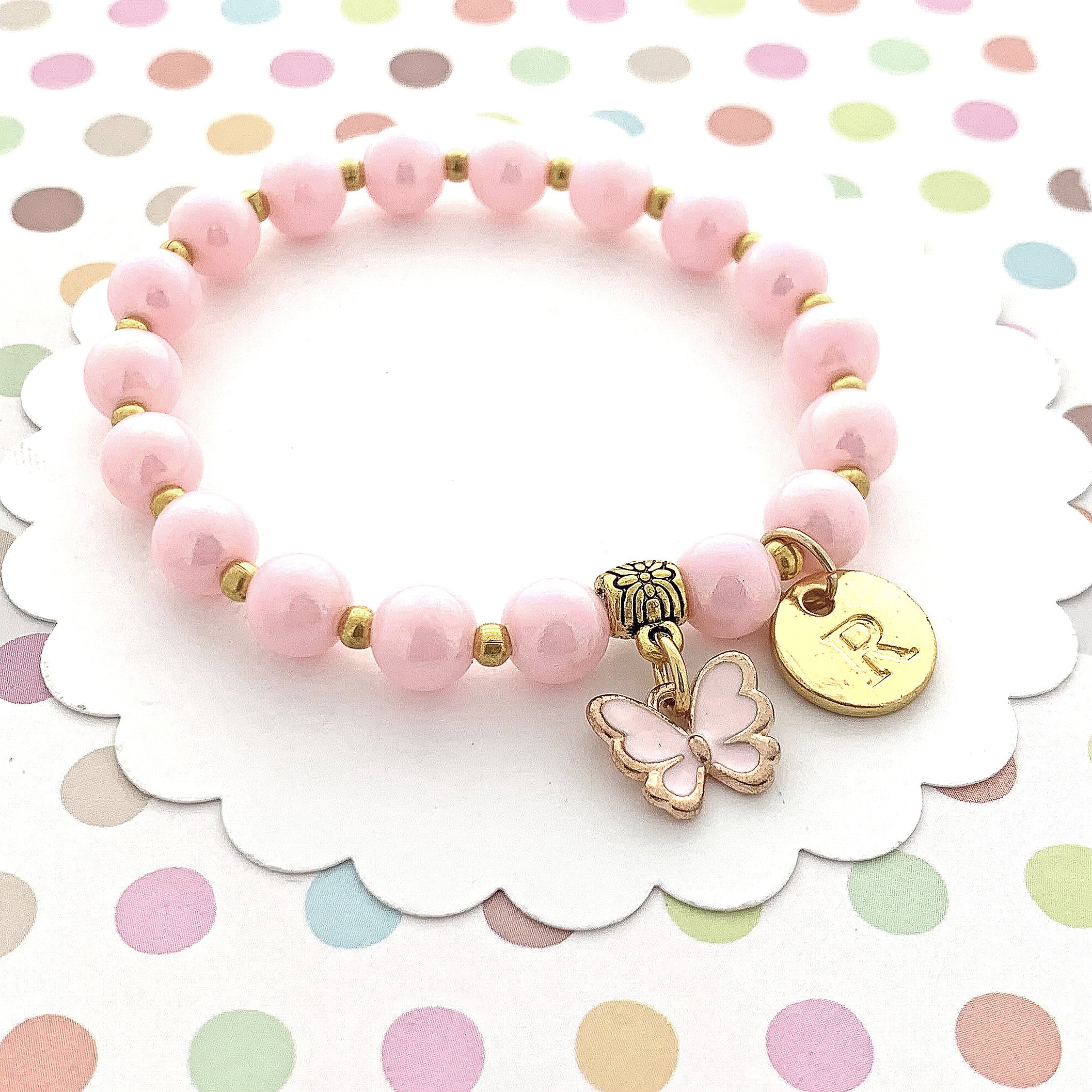 Butterfly Bracelet for Girls, Pink Beaded Bracelet, Pink and Gold Bracelet,  Children\'s Jewelry, Stretch Bracelet for Kids, Charm Bracelet - Etsy