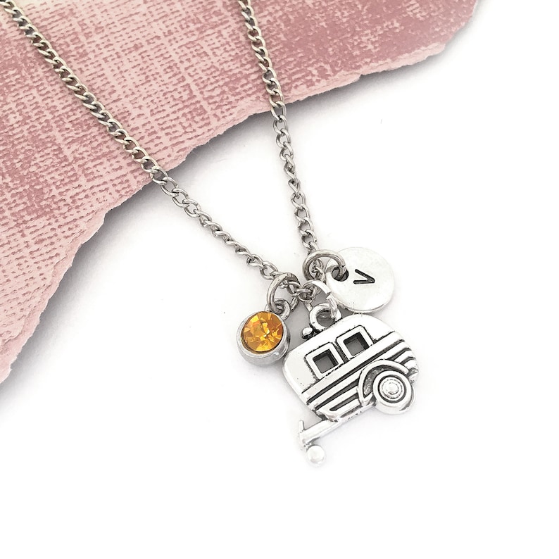 high-quality necklace with camping truck pendant, Initials name engraved pendant, gemstone inlaid pendant