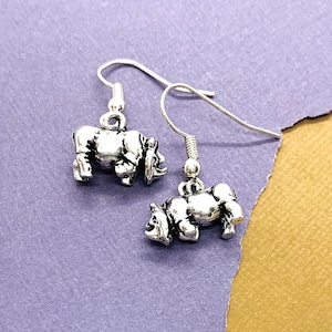 Rhinoceros Earrings, Rhino Earrings, Silver Dangle Earrings, Rhino Charm Jewelry, Rhinoceros Jewelry, Safari Animal Lover Gift for Girls