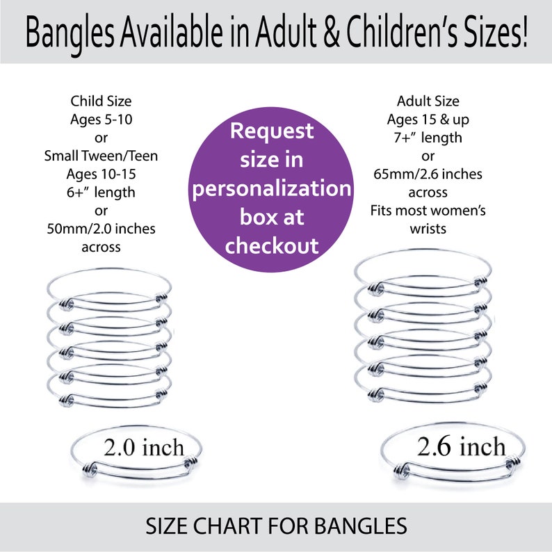 May include: Size chart for bangles available in adult and child sizes. The chart shows the bangle sizes in inches and millimeters. The adult size is 2.6 inches or 65mm, and the child size is 2.0 inches or 50mm.