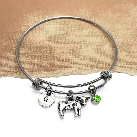Cow Bracelet Initial Bangle Cow Charm Jewelry Personalized Cow