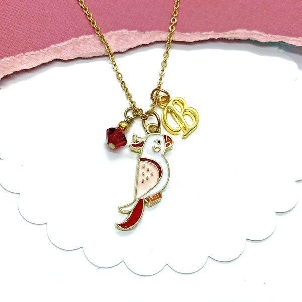 Parrot Initial Necklace, Personalized Parrot Gifts, Tropical Birds, Parrot Pendant, Pet Parrot Gifts for Her, Enamel Charm Necklace for Kids