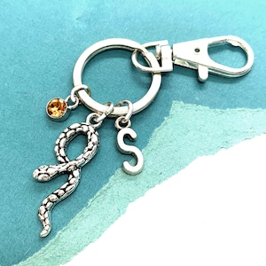 Snake Keychain, Initial Key Chain, Personalized Snake Lover Gift, Reptile Keychain, Custom Key Ring, Snake Pet Gifts, Birthstone Keyring