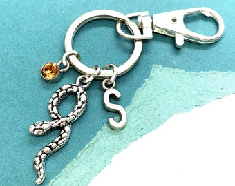 Snake Keychain, Initial Key Chain, Personalized Snake Lover Gift, Reptile Keychain, Custom Key Ring, Snake Pet Gifts, Birthstone Keyring