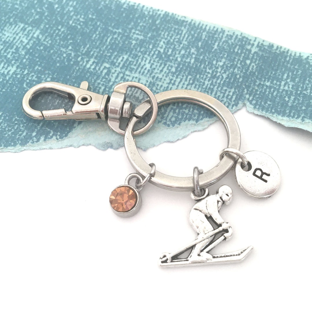 Skiing Keychain, Ski Keychain, Ski Key Chain, Initial Key Ring