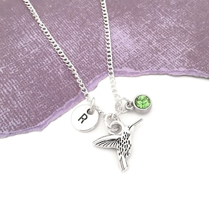 Hummingbird Necklace Silver, Hummingbird Pendant, Hummingbird Jewelry Hummingbird Charm Necklace Personalized Initial Necklace Bird Necklace