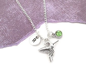 Hummingbird Necklace Silver, Hummingbird Pendant, Hummingbird Jewelry Hummingbird Charm Necklace Personalized Initial Necklace Bird Necklace