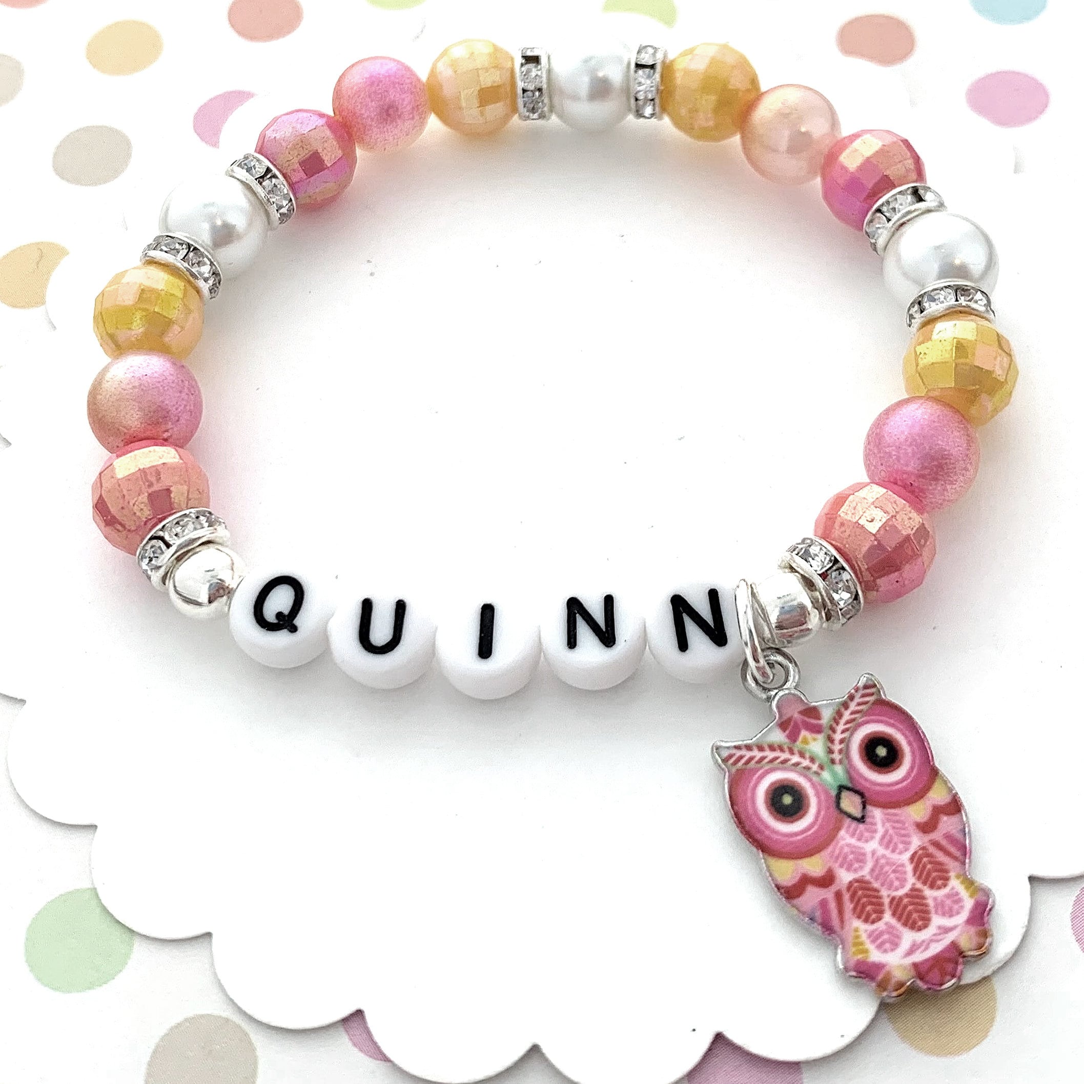Owl Charm Bracelet for Kids, Little Girl Name Jewelry, Beaded Stretchy Bracelet, Owl Gifts for Girls