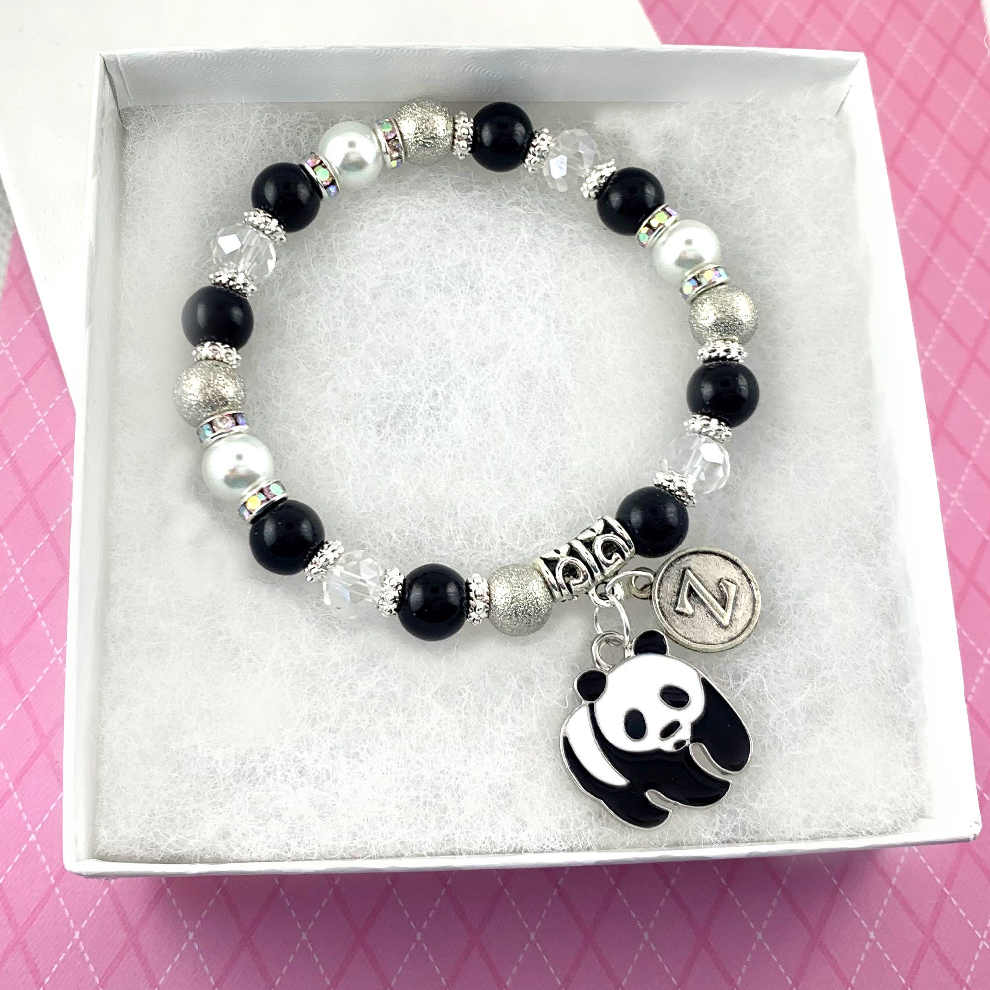 Buy Panda Bracelet, Personalized Gifts, Panda Lover Gift, Cute Panda Little  Girl Jewelry, Initial Bracelet, Black and White Beaded Bracelet Online in  India - Etsy