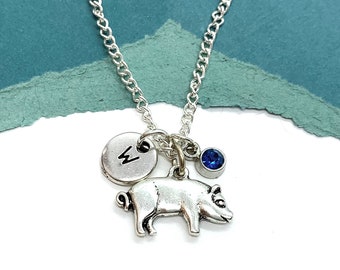 Collar de cerdo, colgante inicial, collar de encanto de cerdo, encantos de animales de granja, regalo de granjero, colgante de cerdo de mascota, regalo de 4h, joyería de lechones, regalo amante del cerdo