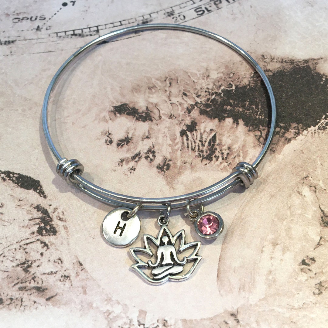 Lotus Bangle, Lotus Bracelet, Lotus Flower Bracelet, Initial Charm