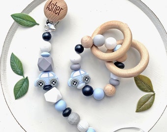 Custom Name Baby Boy Pacifier Clip, Personalized Gift,  Car Theme Baby Shower Gift, Newborn Baby Pacifier Holder, Baby Gift from Dad