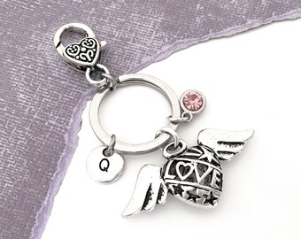 Angel Wing Keychain, Angel Wing Heart Keychain, Love Keychain, Initial Keyring, Personalized Love Gifts, Memorial Gift, Winged Heart Charm