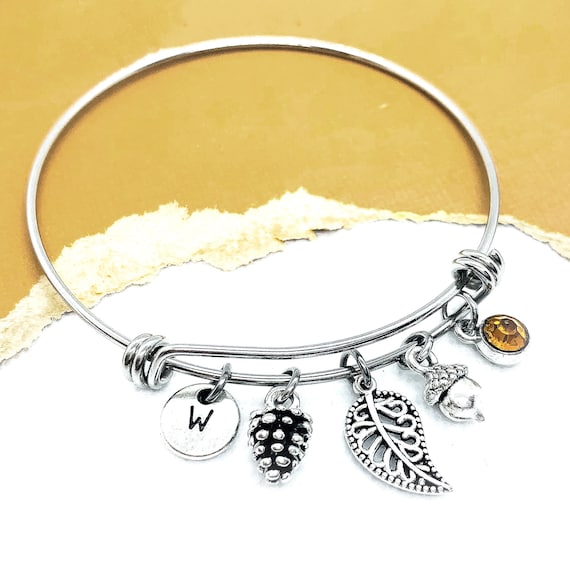 Fall Charm Bracelet, Initial Bangle, Autumn Jewelry, Personalized Gift, PIne Cone Bracelet, Acorn Bracelet, Fall Birthday Gifts for Women