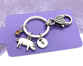 Llavero de cerdo, llavero inicial, cadena de llave de encanto de cerdo, regalo personalizado del amante del cerdo, regalos de cerdo para los amantes del cerdo, regalos de la niña de la granja, regalo de la mascota del animal