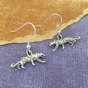Tiger Earrings Silver, Tiger Dangle Earrings, Tiger Charm Earrings, Tiger Jewelry, Tiger Gifts, Big Cat Earrings, Tiger Lover Gift for Her