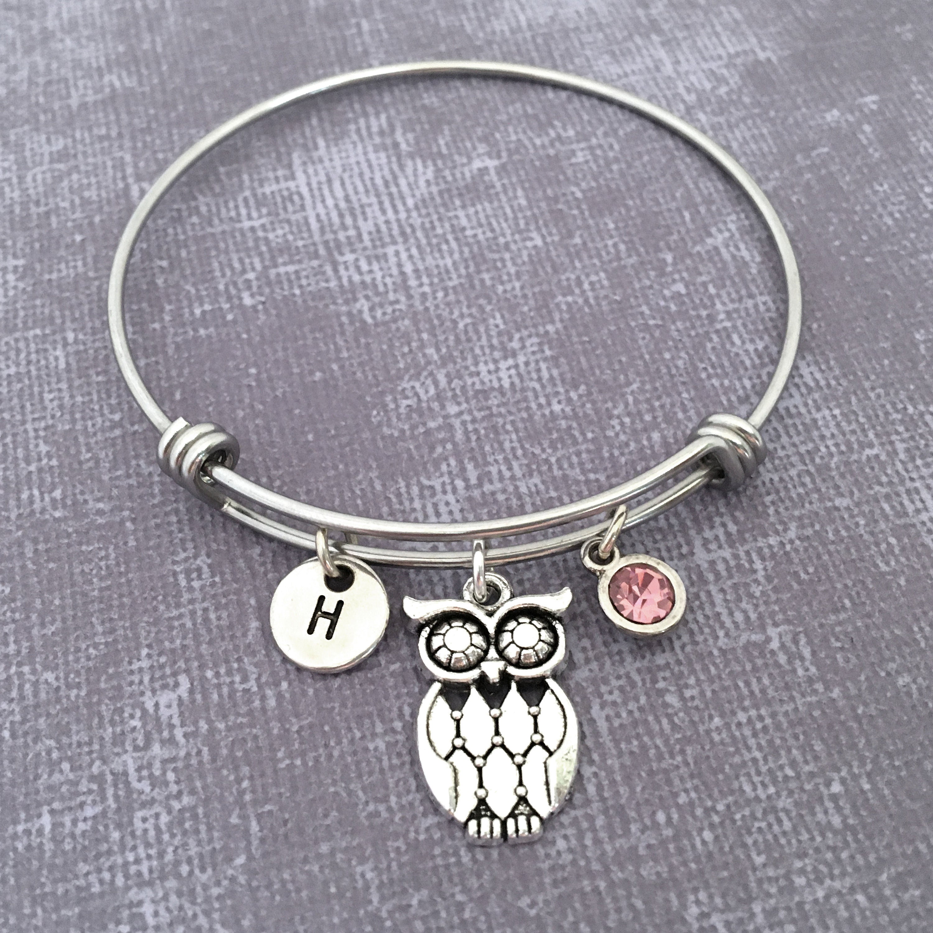 Owl Bangle Bracelet, Owl Charm Bracelet, Owl Charm Jewelry, Initial Bangle, Personalized Owl Gift, O