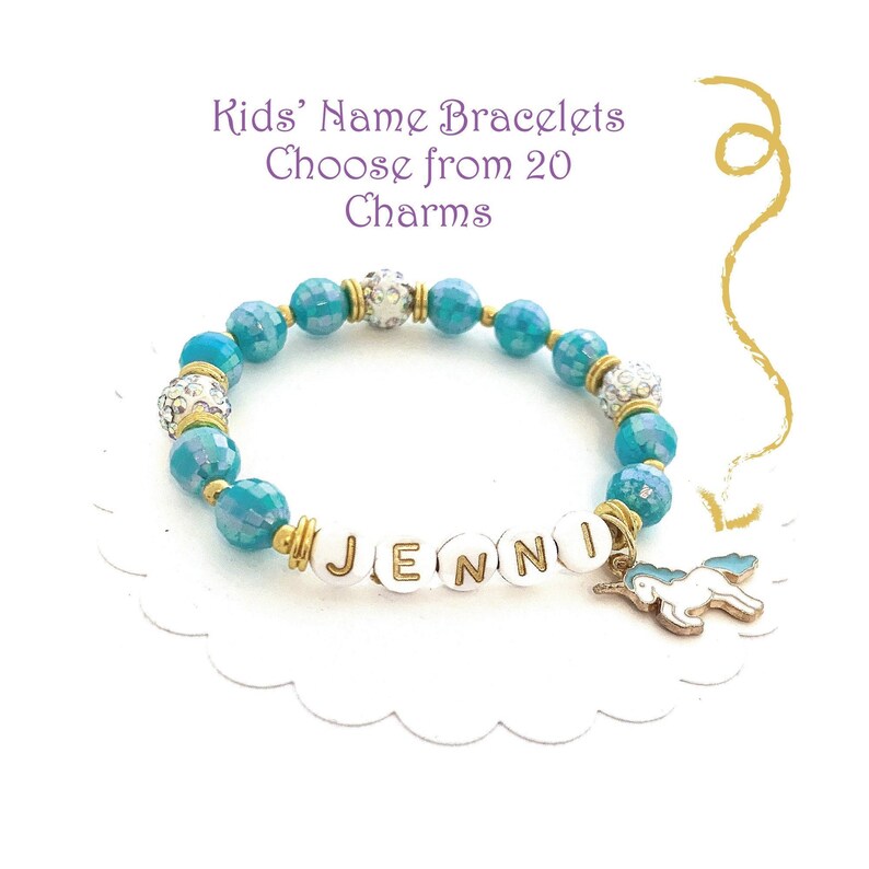 Turquoise Name Bracelet, Unicorn Personalized Gifts for Kids, Beaded Stretch Charm Bracelet for Girls, Children's Jewelry, 4th Birthday Gift bild 3