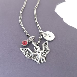 Bat Necklace, Initial Pendant, Gothic Vampire Bat Necklace, Halloween Jewelry, Personalized Bat Charm Necklace, Bat Gifts, Halloween Choker