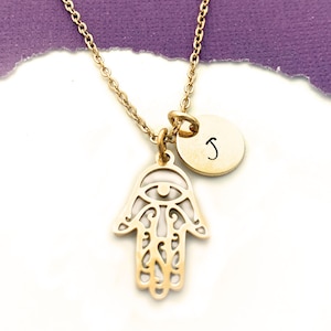 Gold Hamsa Hand Necklace, Hand of Fatima, Hand of Miriam with Eye, Initial Necklace, Personalized Gift, Sister Gift, Protection Jewelry