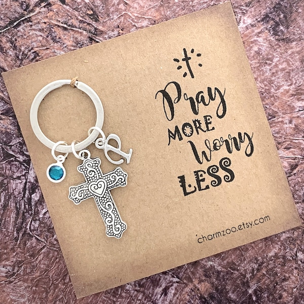 Cross Keychain, Pray More Worry Less, Religious Key Chain, Personalized Gift, Prayer Gifts for Women, Christian Praying Gifts, Card and Gift