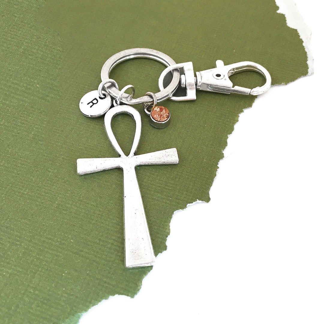 Ankh Cross Charm Keychain, Initial Keyring, Personalized Egyptian