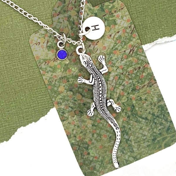 Lizard Necklace, Lizard Gifts, Salamander Initial Necklace, Reptile Jewelry, Gecko Pendant, Personalized Gift for Men, Reptile Lover Gift