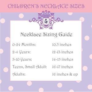 May include: A necklace sizing guide for children and adults. The guide lists age ranges with corresponding necklace lengths in inches. The background is light purple with white polka dots, and the text is in a decorative font.