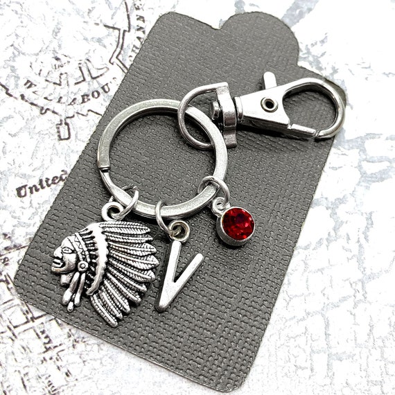 Indian Keychain Indian Head Charm Keyring Initial Key Ring Etsy