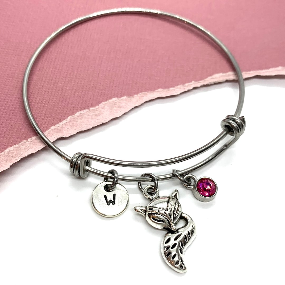 Fox Bangle, Fox Charm Bracelet, Initial Bangle, Personalized Fox Lover ...