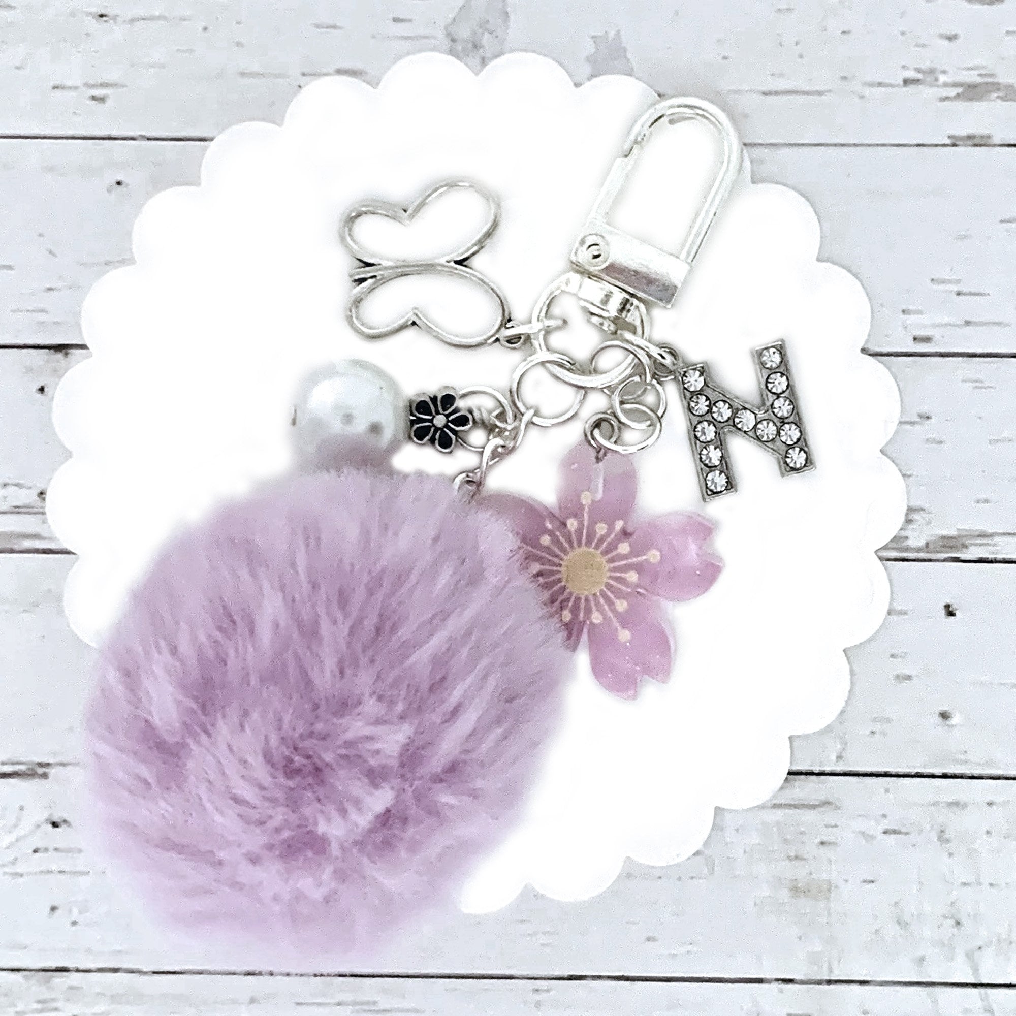 Rhinestone Letter & Pom Pom Charm Keychain