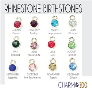 May include: A chart of birthstones for each month of the year. Each stone is represented by a small, round rhinestone charm. The stones are: Garnet, Amethyst, Aquamarine, Diamond, Emerald, Alexandrite, Ruby, Peridot, Sapphire, Pink Tourmaline, Topaz, and Zircon.