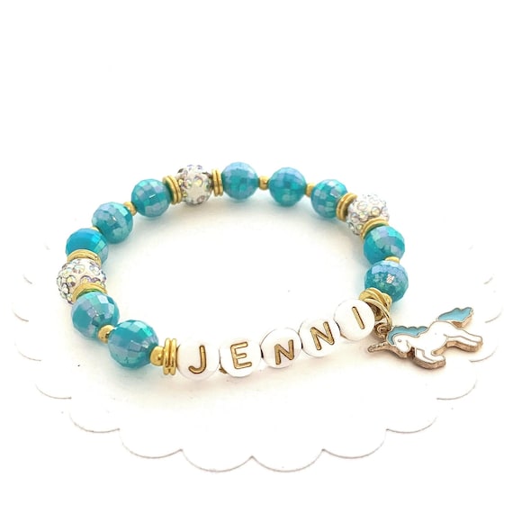 Turquoise Name Bracelet, Unicorn Personalized Gifts for Kids, Beaded Stretch Charm Bracelet for Girls, Children's Jewelry, 4th Birthday Gift