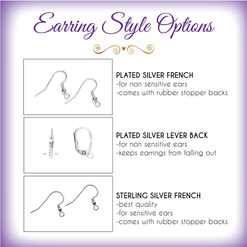 May include: Three different earring styles are shown: plated silver French, plated silver lever back, and sterling silver French. Each style is illustrated with a close-up of the earring back. The text describes the features of each style, including whether it is for sensitive ears and whether it comes with rubber stopper backs.