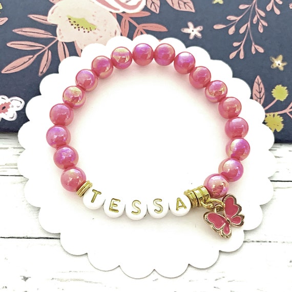 Custom Name Bracelet, Butterfly Charm Jewelry for Girls, Stretchy Beaded  Bracelet, Kids Gift, Children's Jewelry 