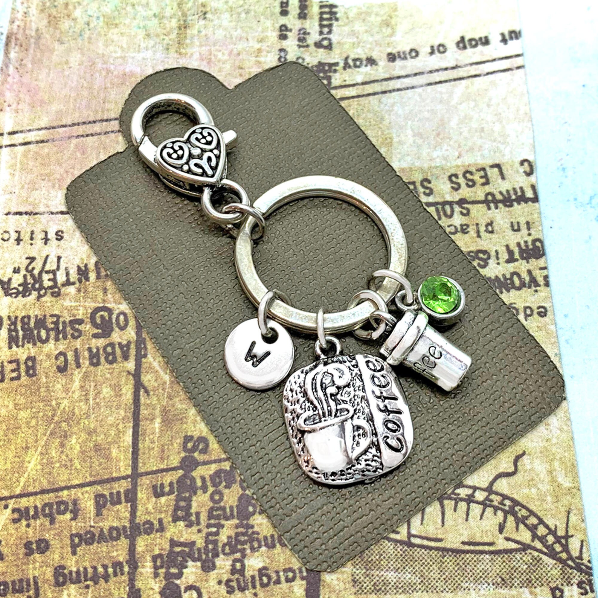 Coffee Keychain, Coffee Lovers Gift, Initial Keychain, Coffee