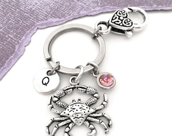 Crab Keychain, Initial Keychain, Personalized Crab Charm Keyring, Crab Gifts, Silver Cancer Zodiac Keychain, Blue Crab Legs Charm Key Chain