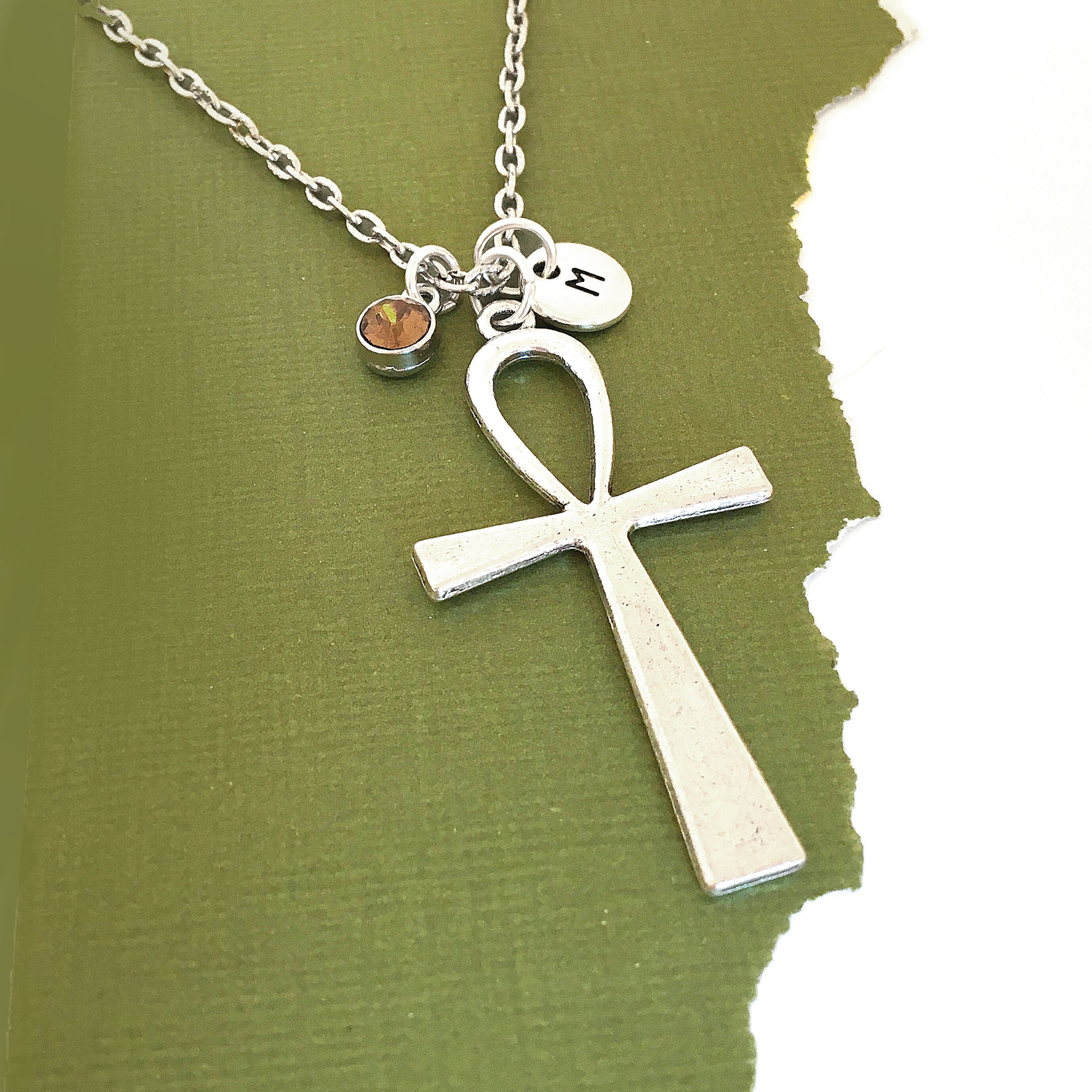 Ankh Initial Necklace Pendant, Personalized Gift Ankh Charm