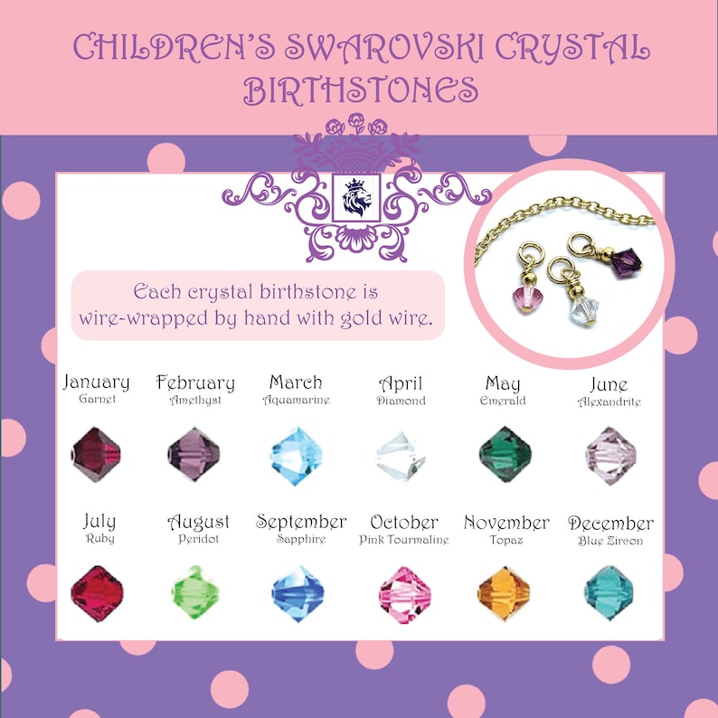 May include: A decorative chart featuring Swarovski crystal birthstones for children. Each gemstone is hand-wrapped with gold wire. The months of the year are listed with their birthstones: Garnet, Amethyst, Aquamarine, Diamond, Emerald, Alexandrite, Ruby, Peridot, Sapphire, Pink Tourmaline, Topaz, and Blue Zircon.